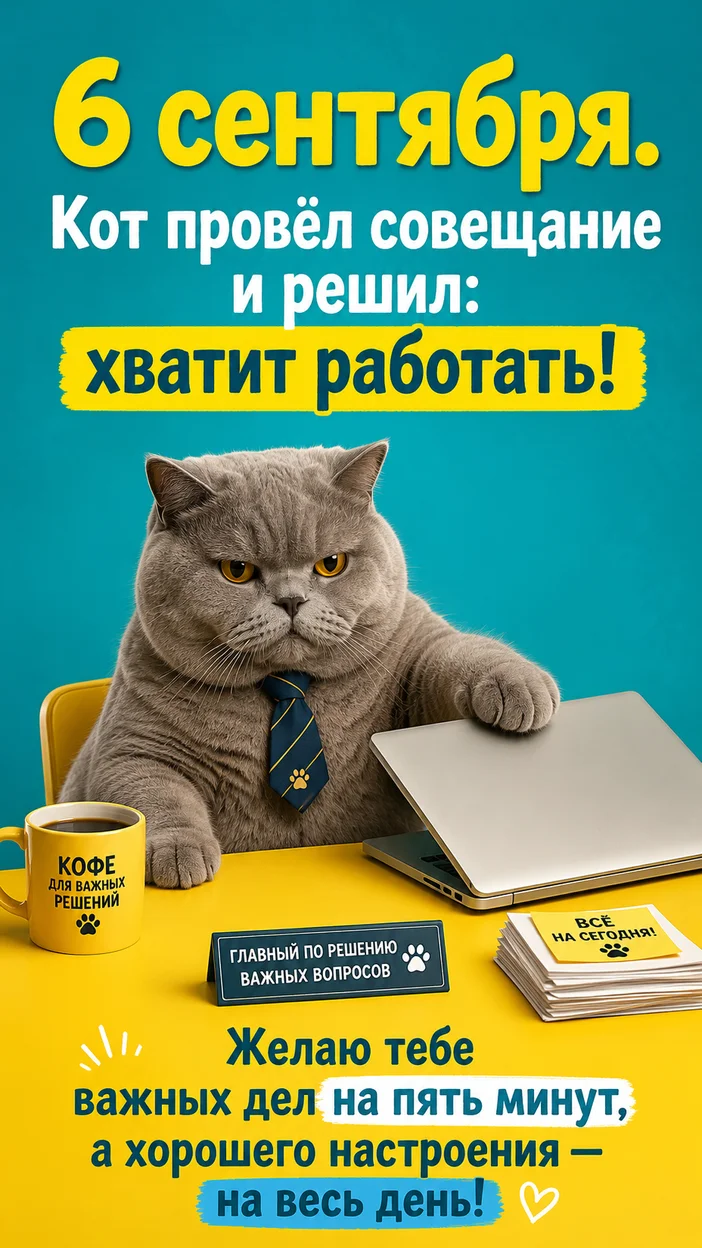 Фотосессия юмористическая открытка 6 сентября с деловым котом