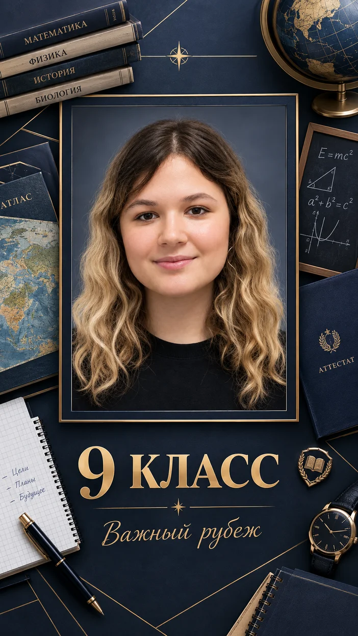 Фотосессия рамка для ученика 9 класса в строгом pre‑graduation стиле с дипломной папкой, часами и надписью «9 КЛАСС — Важный рубеж