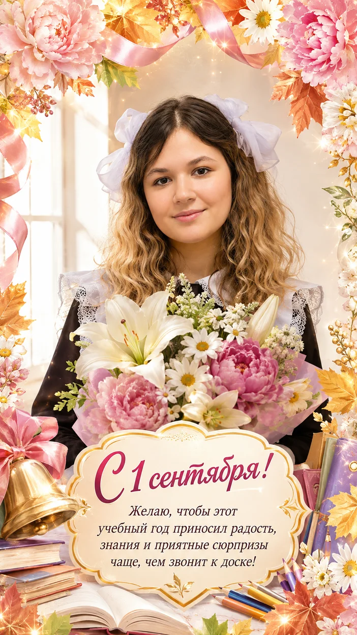 Фотооткрытка с цветочной рамкой у школьного окна