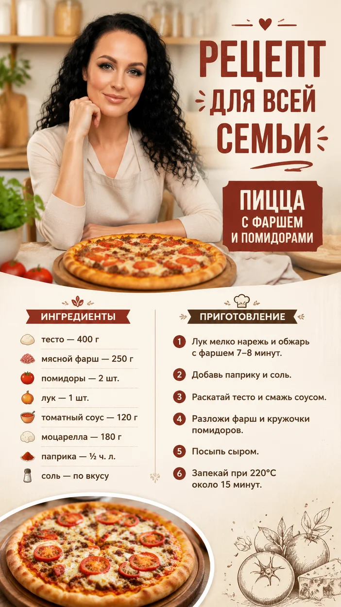 Фотосессия рецепта для всей семьи с пиццей с фаршем и помидорами