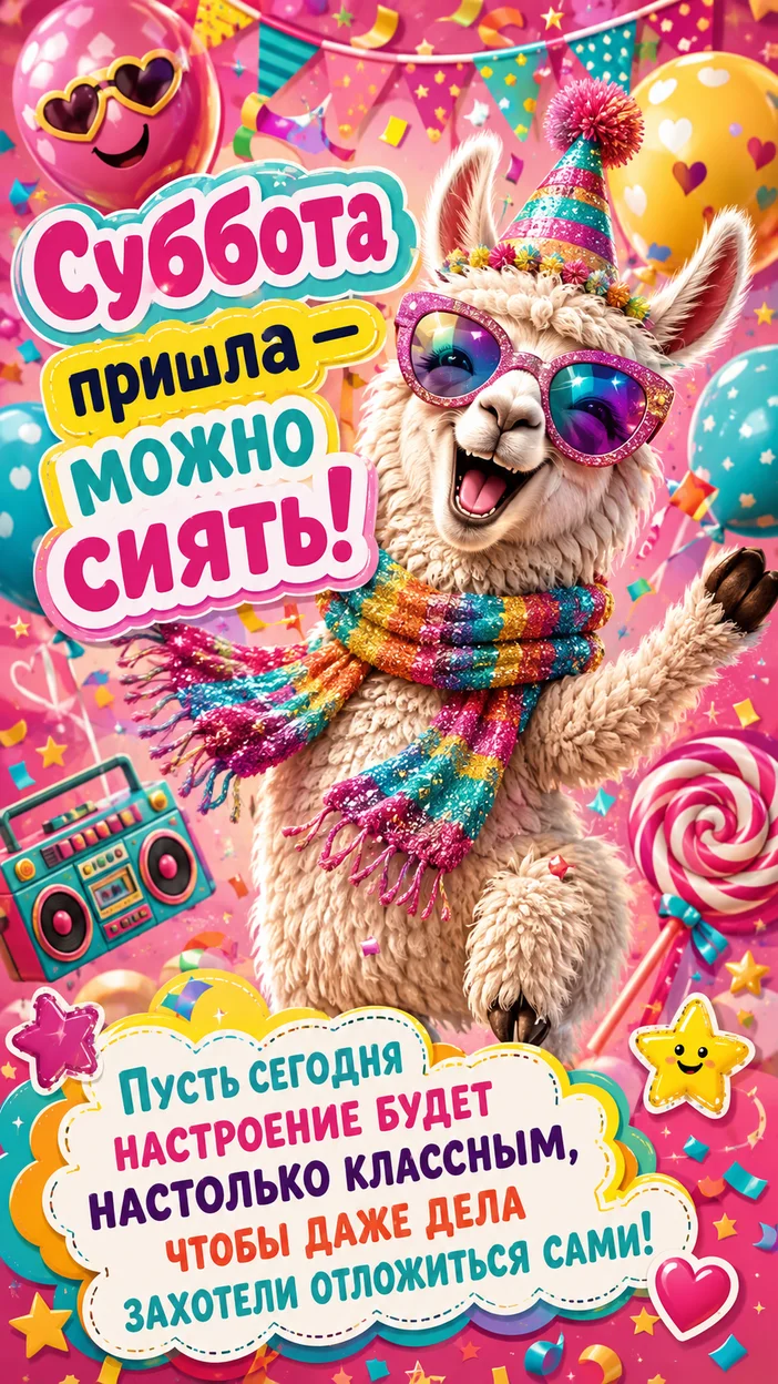 Фотооткрытка с текстом «Суббота пришла — можно сиять!»