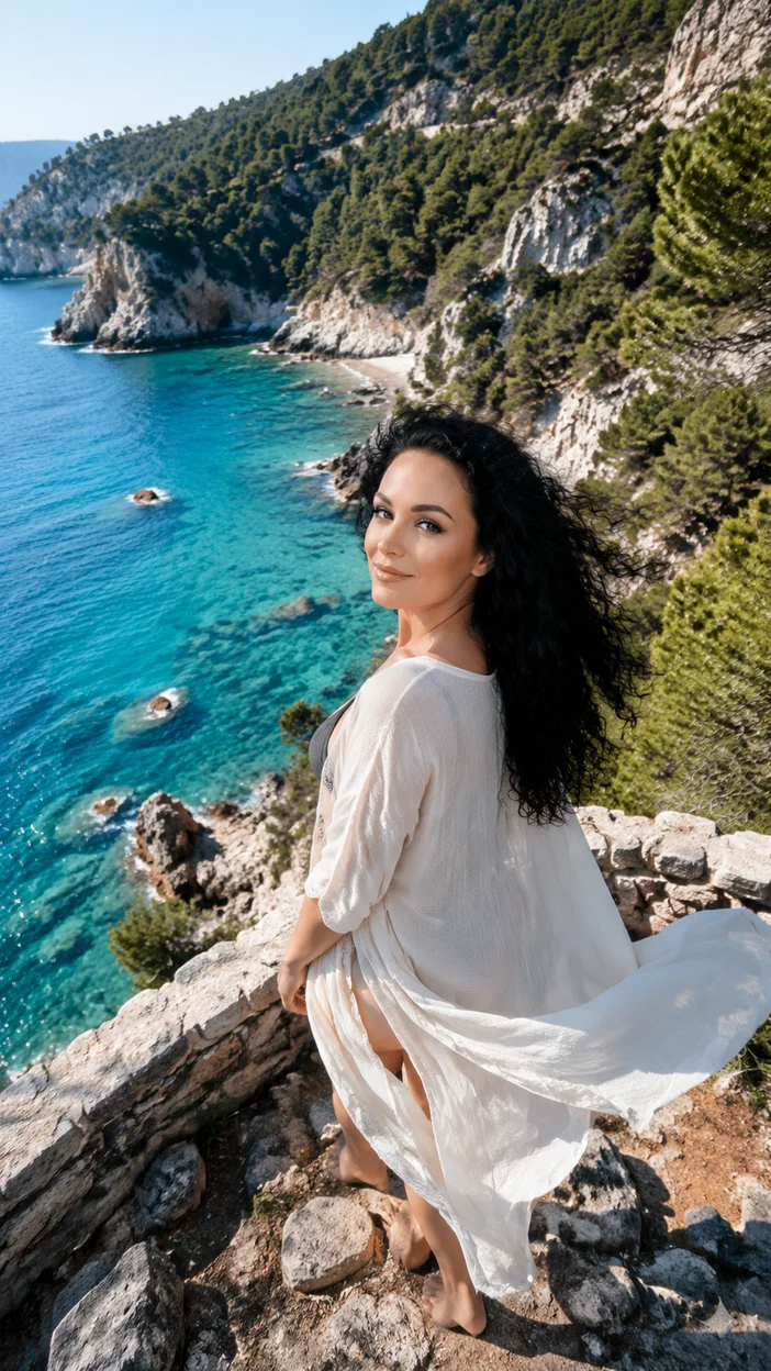Фотосессия женщины в лёгком платье на скалистом мысе у Адриатического моря