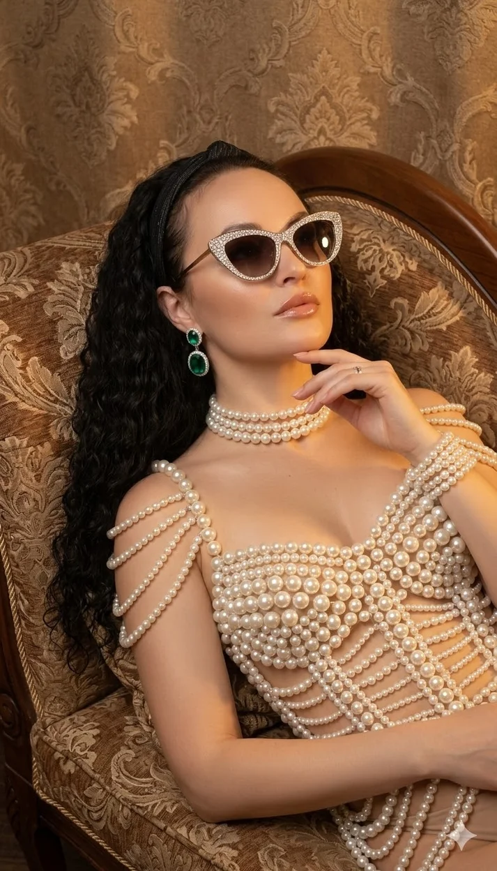 Женщина в украшении из крупных жемчужин лежит на декоративном диване