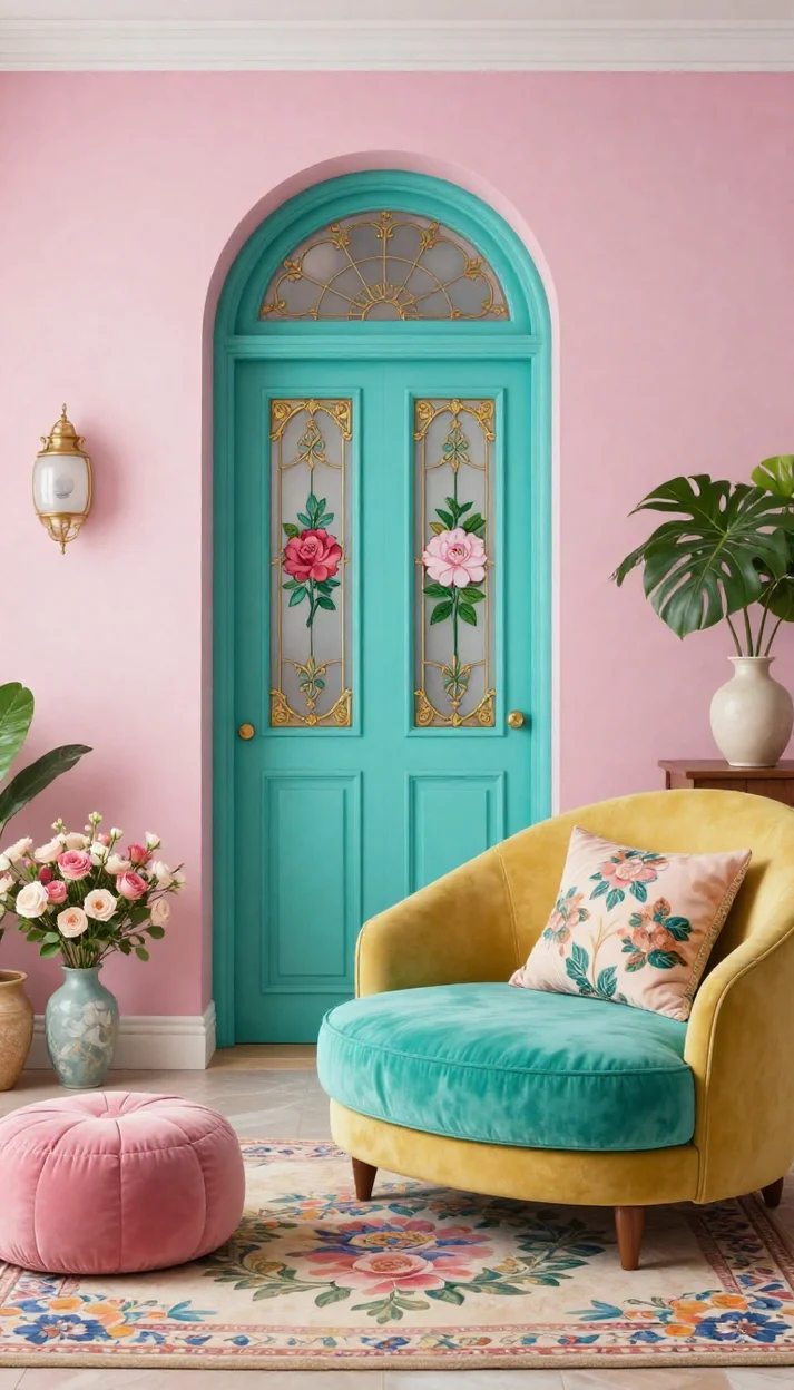 Яркий интерьер с бирюзовым креслом и цветочной дверью