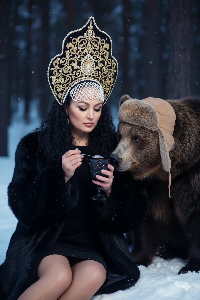 Девушка в чёрной шубе и кокошнике в зимнем лесу с медведем