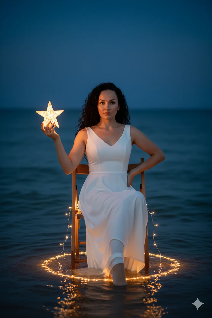 Женщина ночью у моря в белом платье сидит на стуле в воде со светящейся звездой