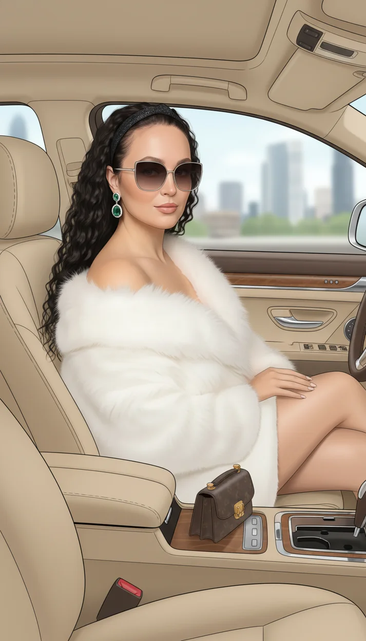 Роскошная женщина в меховом образе в автомобиле