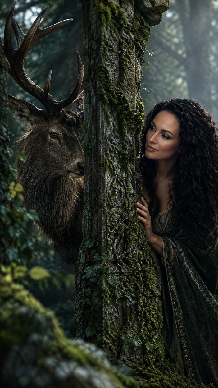 Фотосессия mystery forest: девушка в плаще выглядывает из-за мшистого каменного портала рядом с оленем