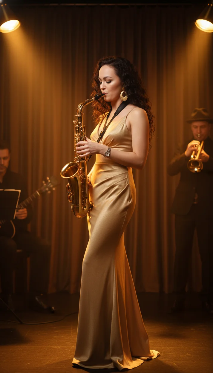 Женщина в золотом вечернем платье играет на саксофоне 