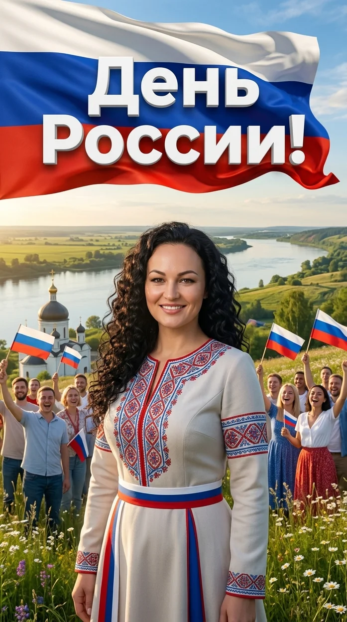 атмосферный патриотический постер ко Дню России на фоне красивого русского пейзажа