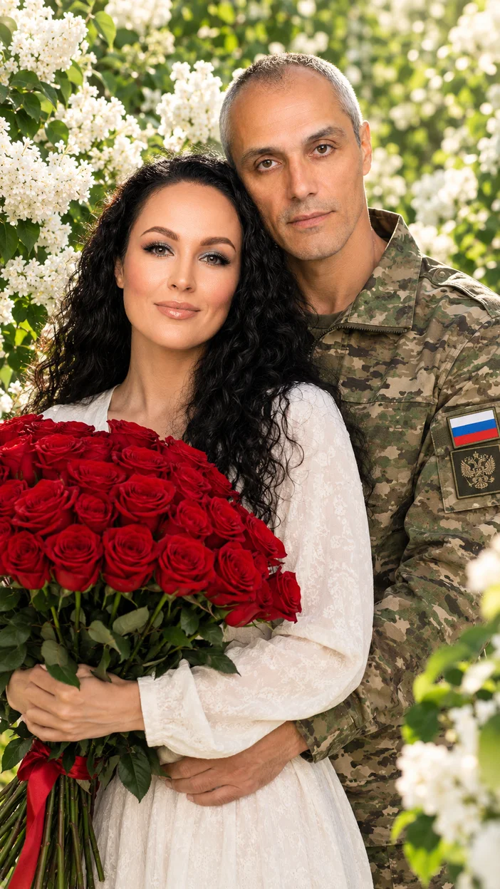 Фотосессия в цветущем саду мужчина в русской военной форме обнимает женщину с букетом красных роз на фоне сирени