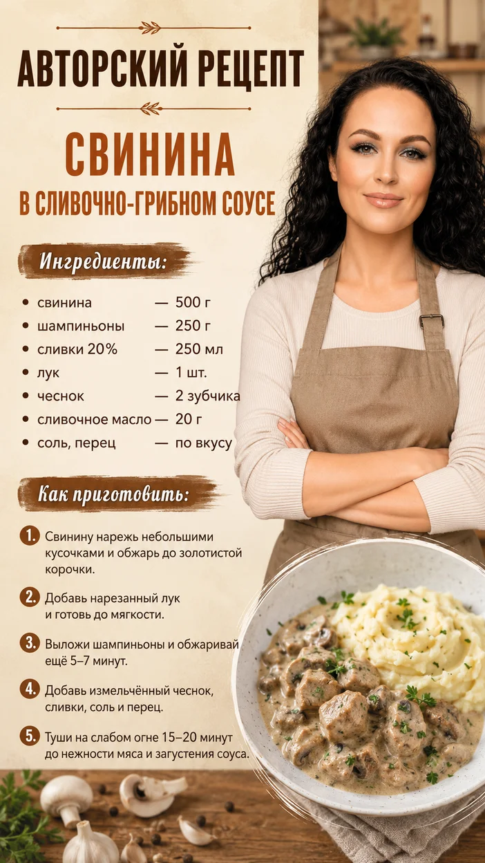 Фотосессия авторского рецепта свинины в сливочно-грибном соусе