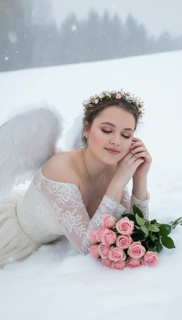 Девушка с крыльями в снегу с букетом роз лежит глаза закрыты мягкий холодный свет