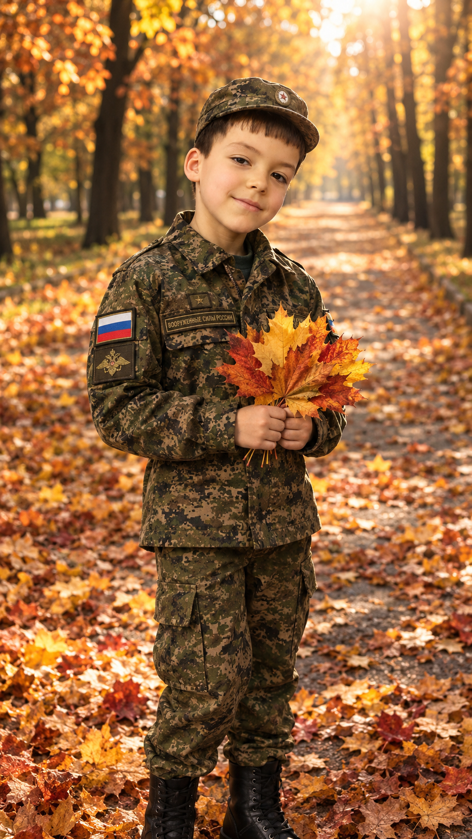 Фотосессия мальчика в осеннем парке среди золотых листьев в русской форме с кленовыми листьями и шевроном