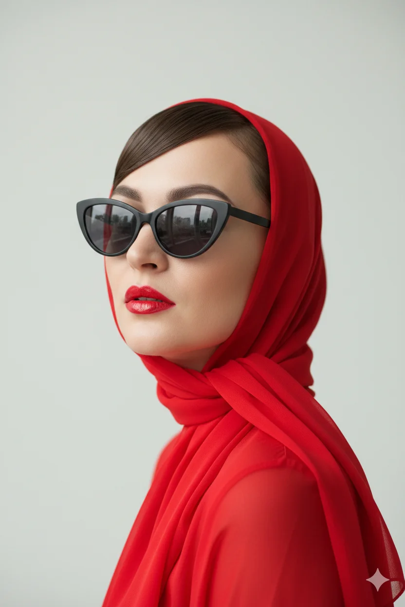 Женщина в помещении с красным платком и чёрными очками