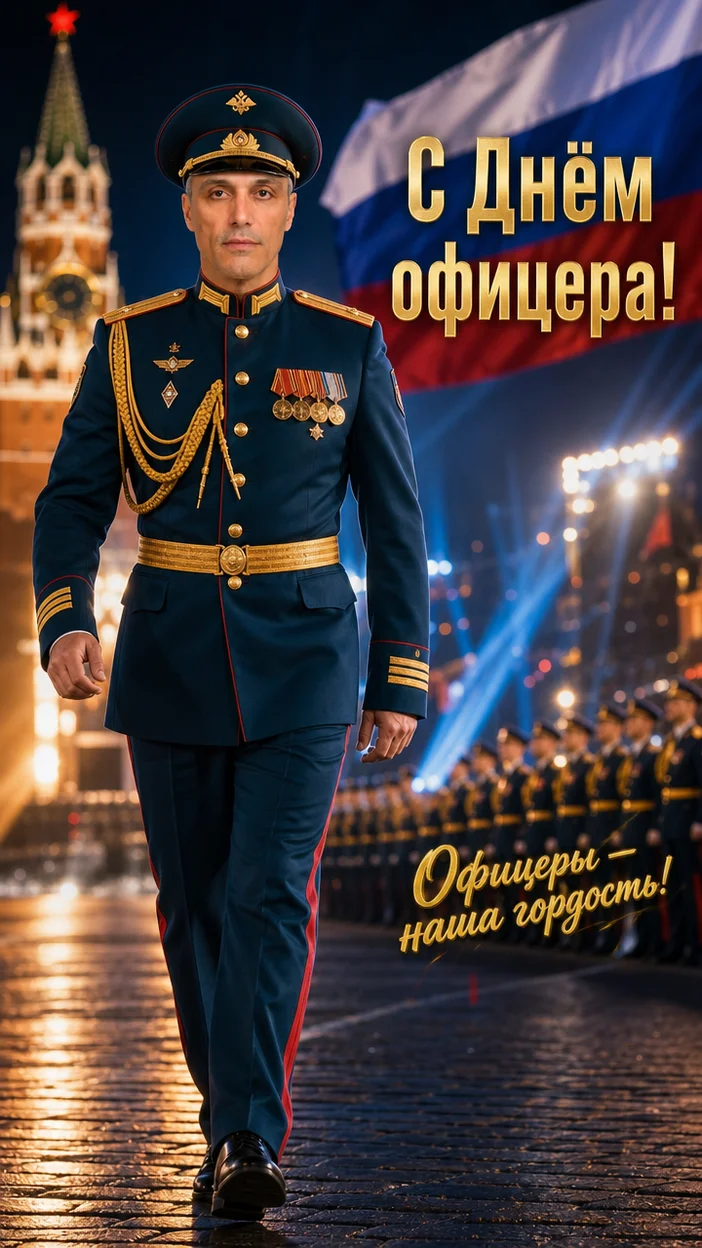 Фотосессия офицера на парадной площади вечером — современная открытка с парадом