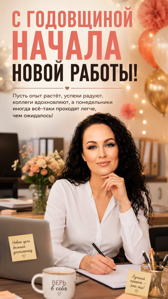 Фотооткрытка для сотрудника с поздравлением "С годовщиной начала новой работы!"