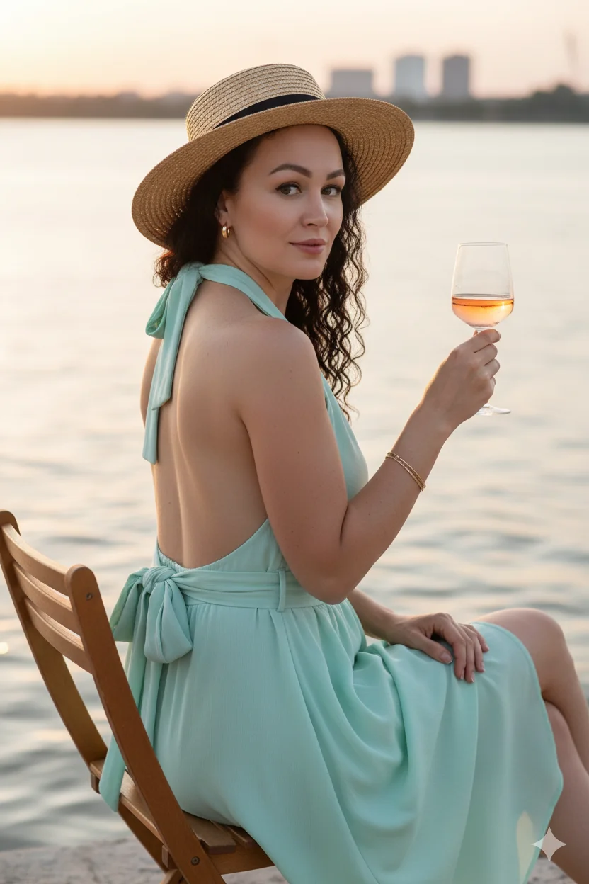 Девушка у воды в мятном платье с открытой спиной