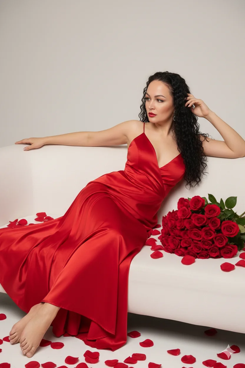 Женщина в красном платье на белом диване с букетом роз