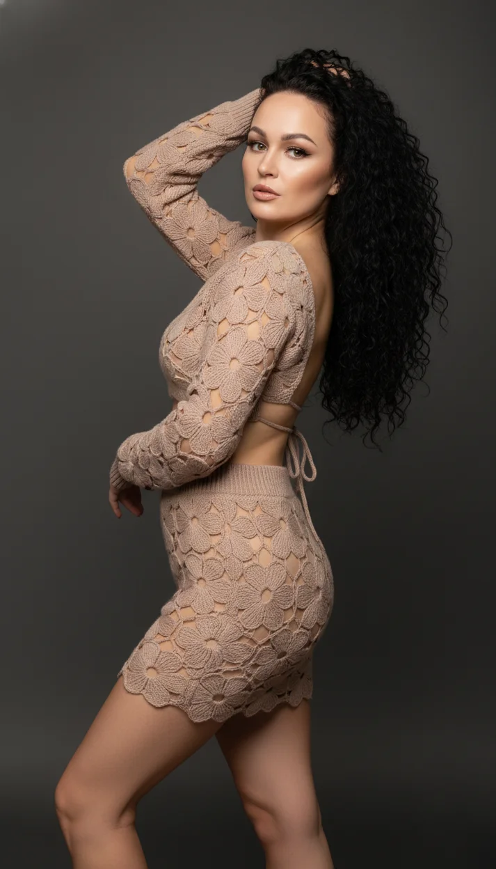  Девушка в студии в вязаном комплекте с цветочным узором