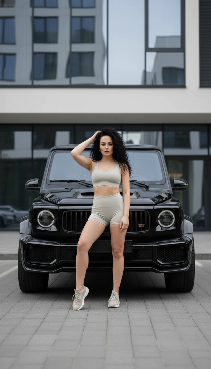 Девушка у чёрного внедорожника, уличная съёмка