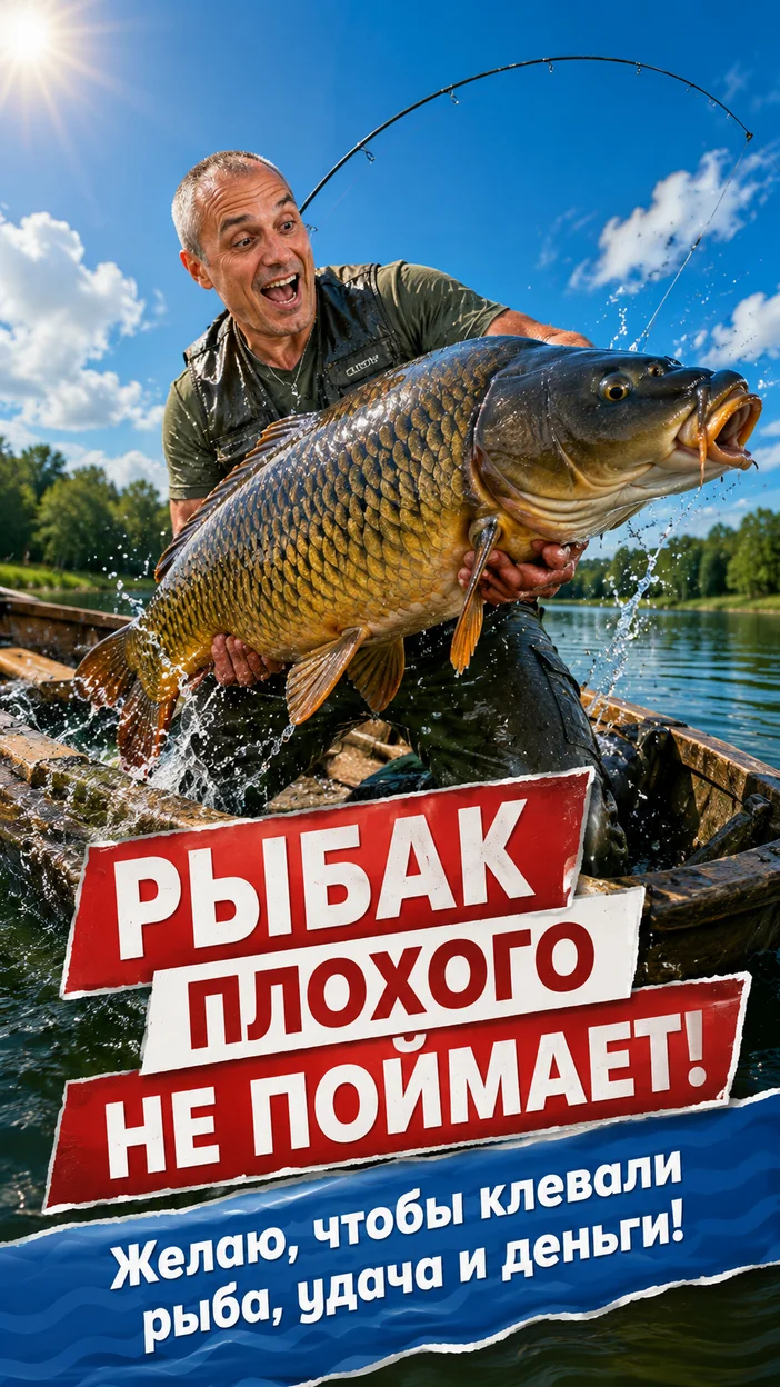 Фотооткрытка рыбаку с поздравлением "РЫБАК ПЛОХОГО НЕ ПОЙМАЕТ!"