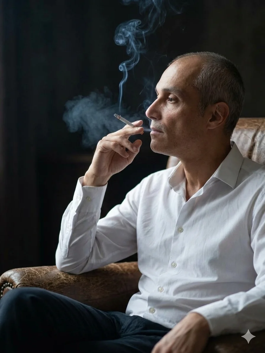 Мужчина в белой рубашке сидит в кресле с сигаретой