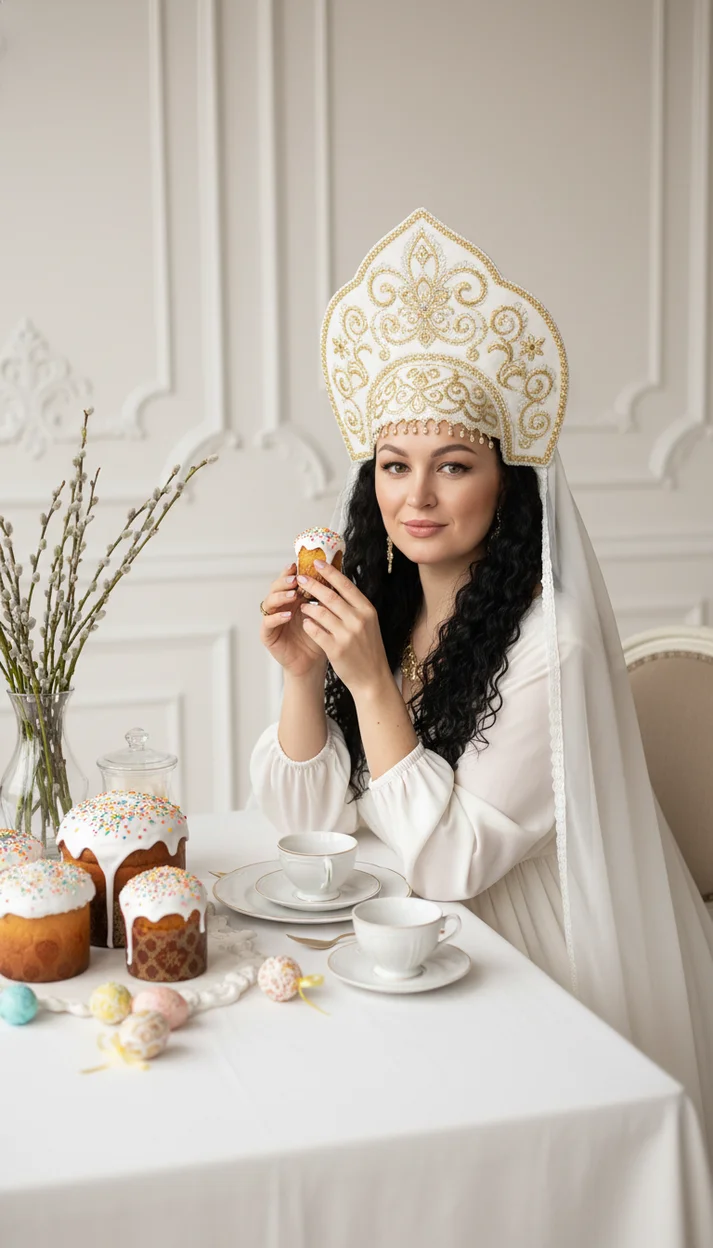 Пасхальный портрет с куличами в классическом интерьере