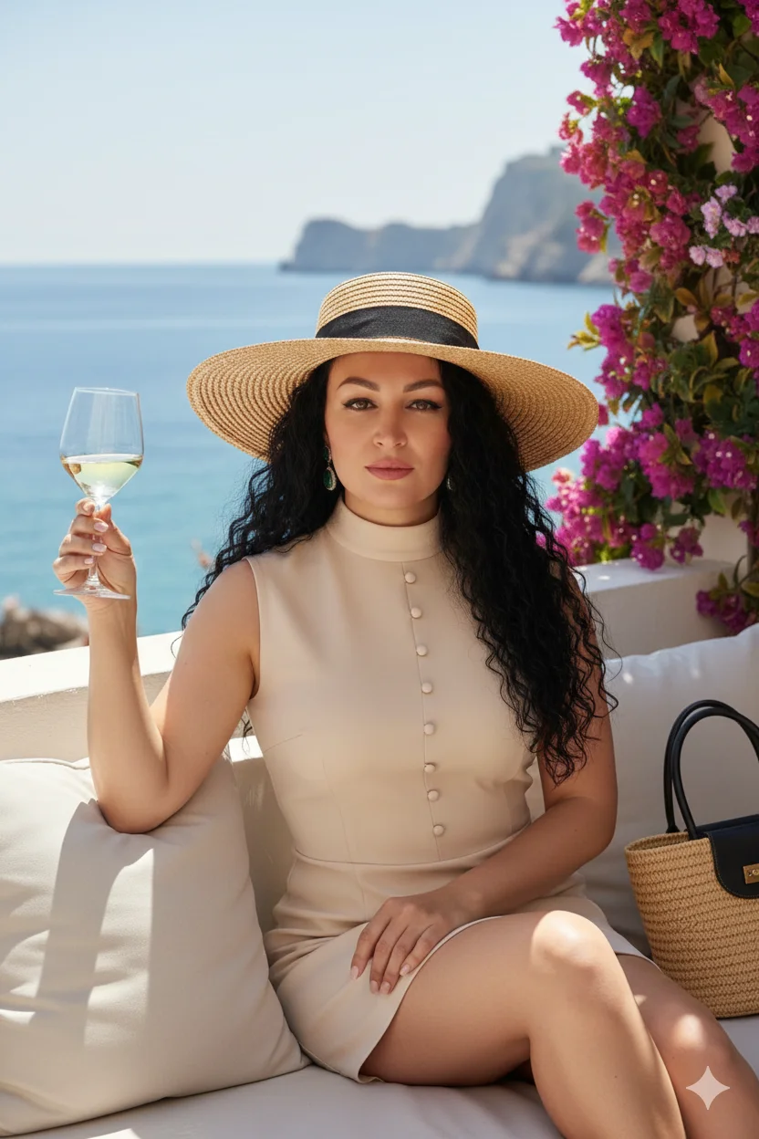 Женщина на террасе у моря в светлом платье и соломенной шляпе