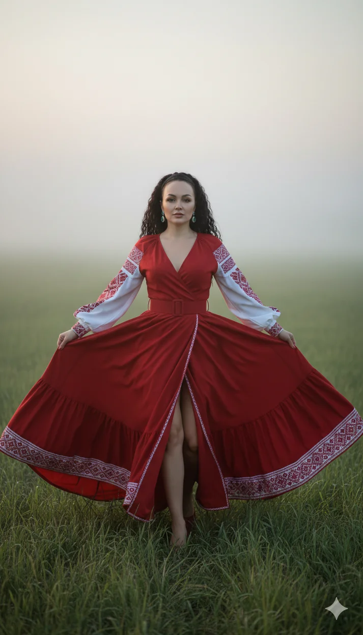 Женщина в поле в красном народном платье