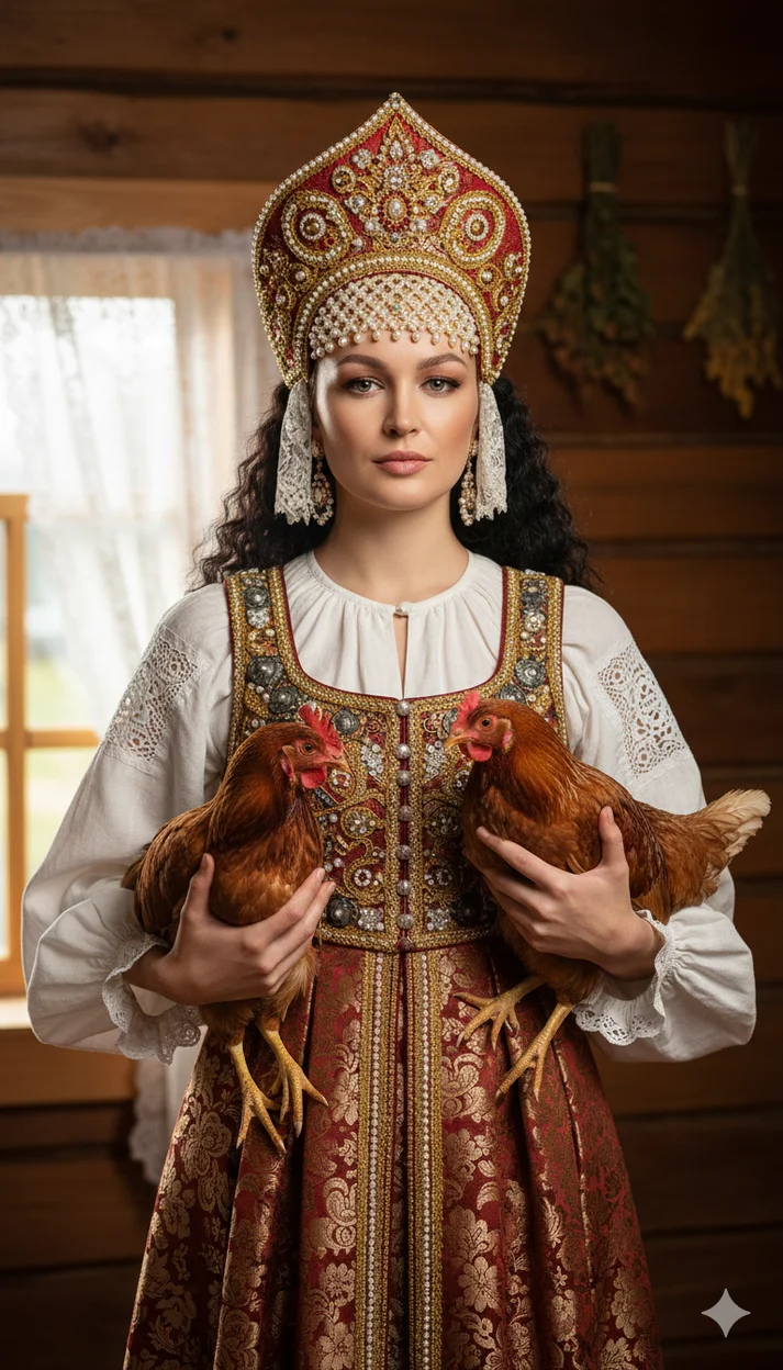 Женщина в богатом русском костюме с кокошником держит двух кур 