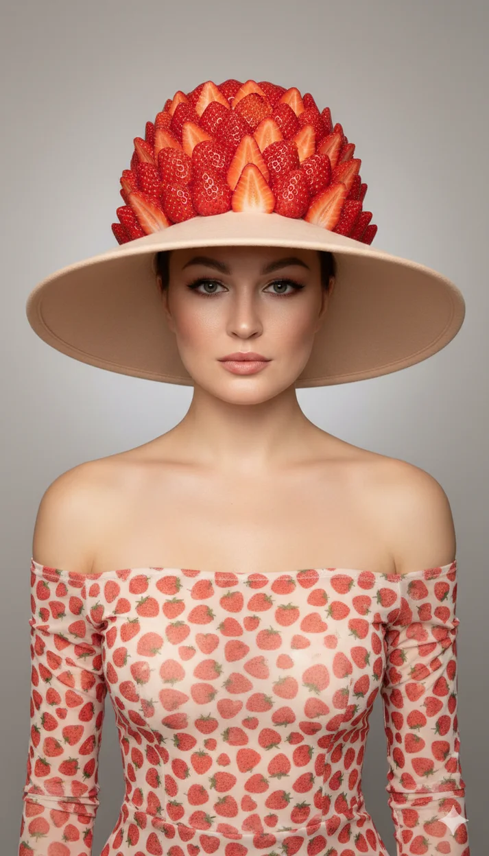 Девушка в платье с клубничным принтом и шляпе из клубники