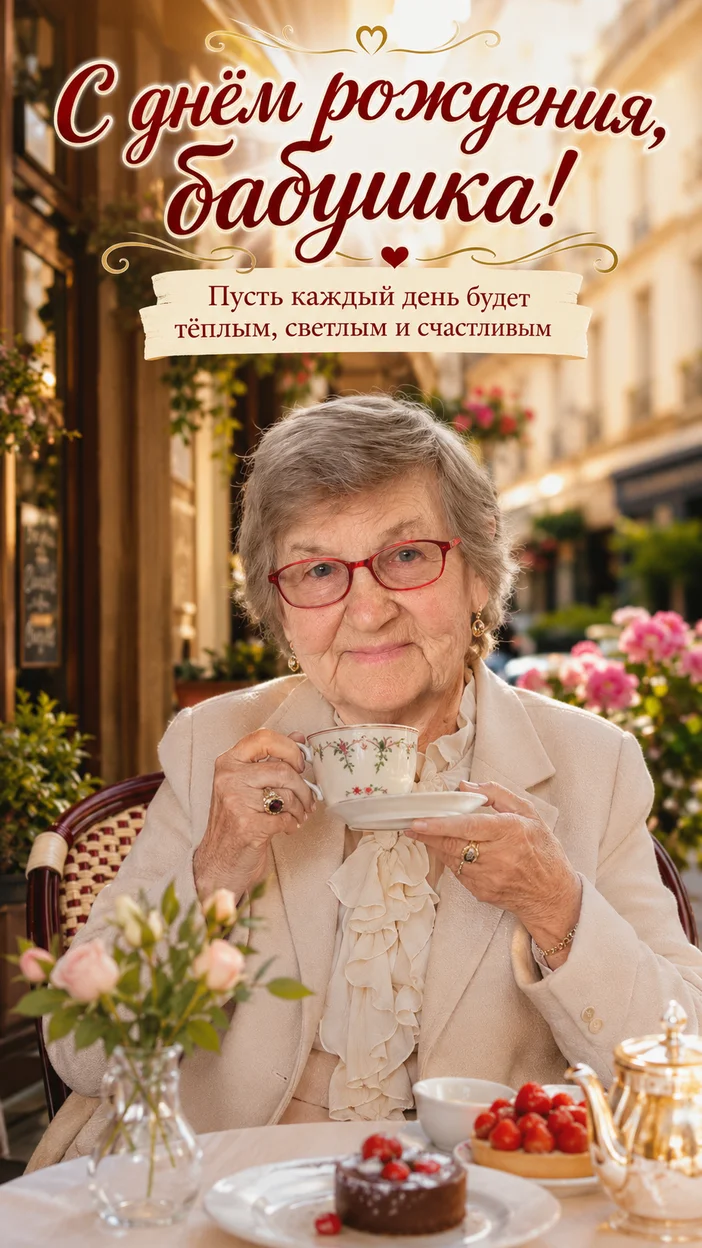 Фотосессия бабушки в уличном кафе  - портрет бабушки на день рождения  