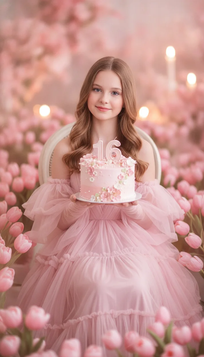  Фотосессия на 16 лет в нежно-розовом образе с тортом