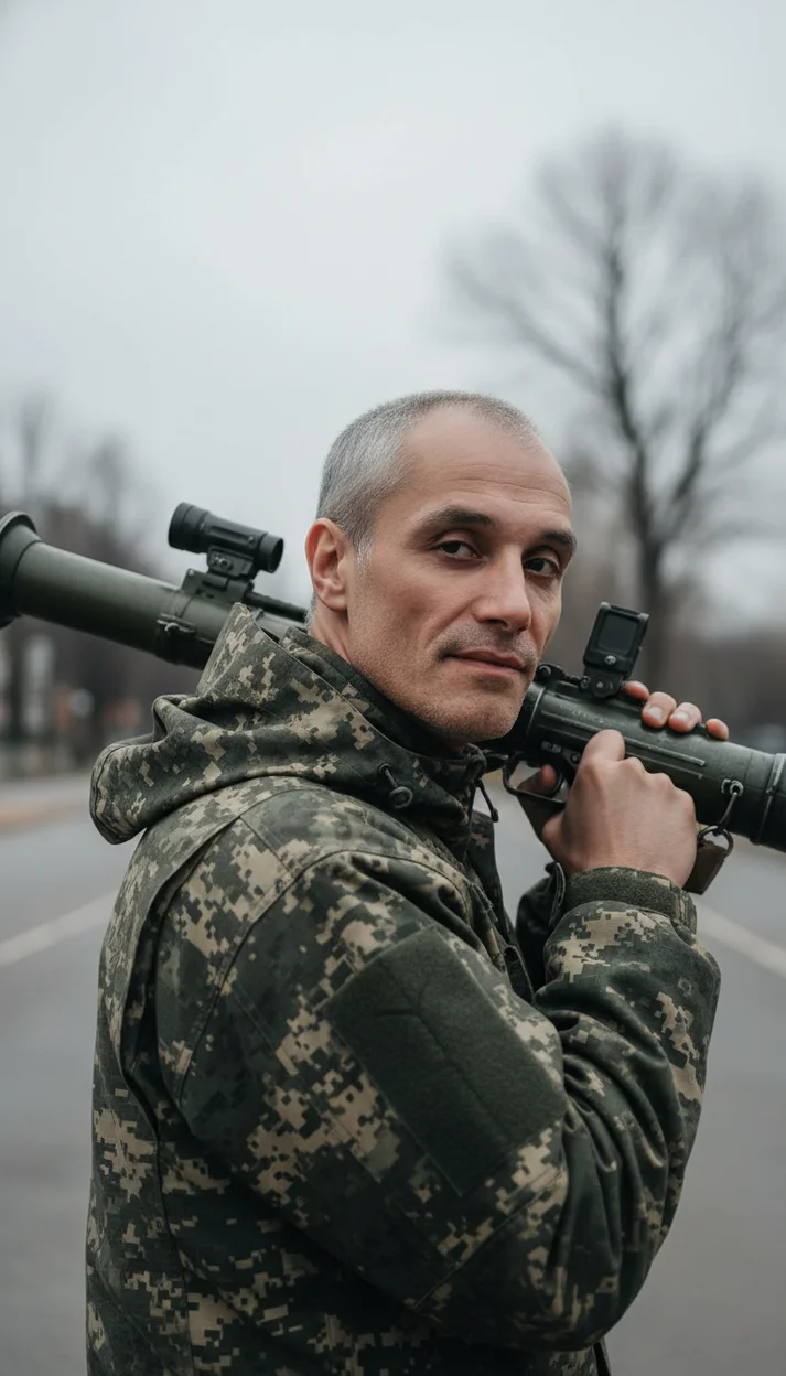 Военный с гранатомётом, открытое лицо СВО ИИ ФОТО 