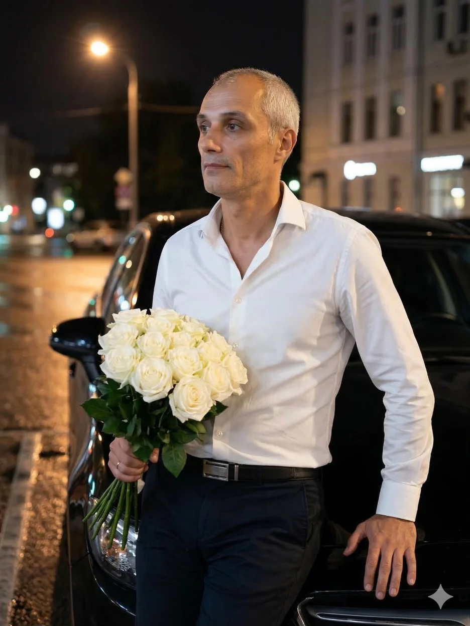 Мужчина в белой рубашке с букетом роз у чёрного авто ночью