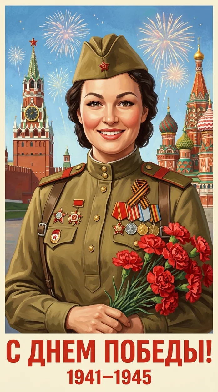 открытка иллюстрация С9 мая, девушка-ваше лицо