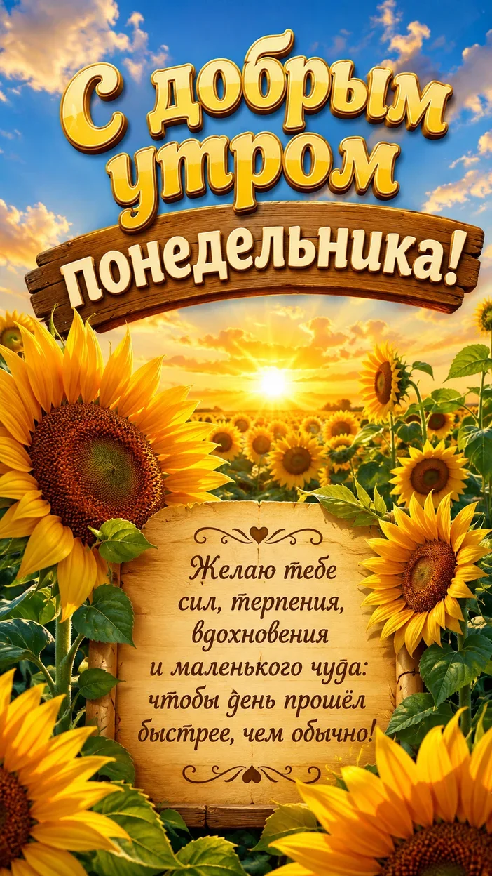 Фотооткрытка «С добрым утром понедельника! Желаю тебе сил, терпения, вдохновения и маленького чуда: чтобы день прошёл быстрее, чем обычно!»