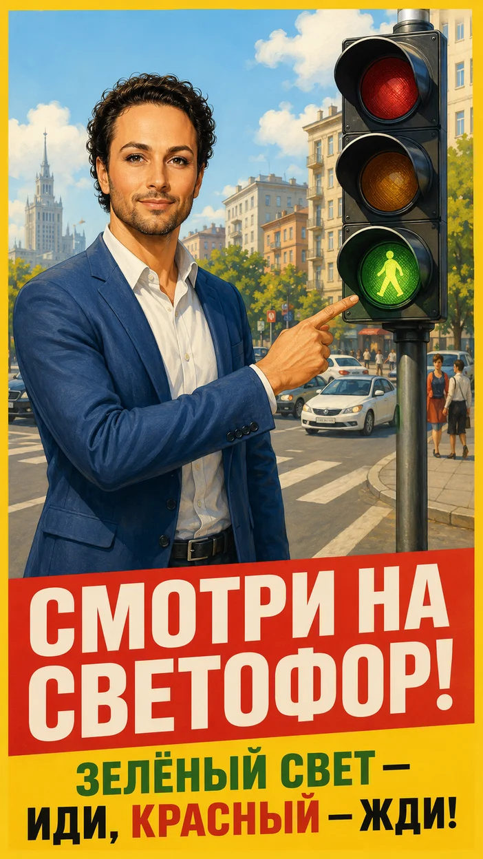 Фотосессия мужчины у светофора на городской улице