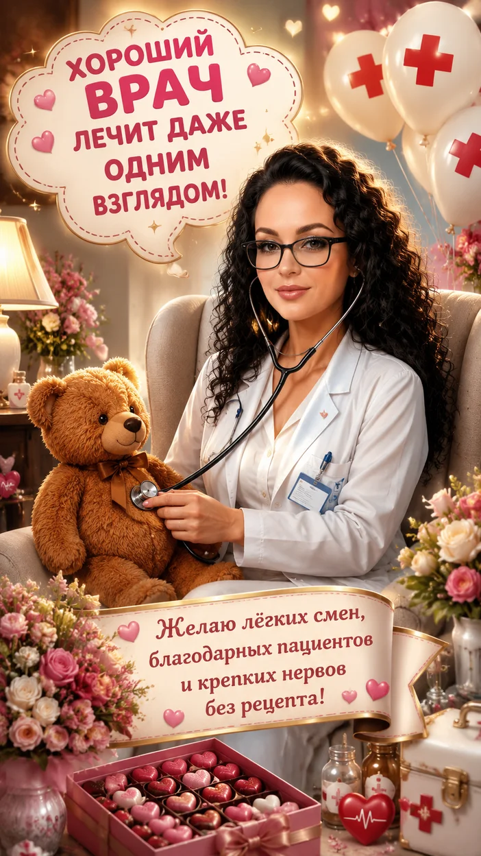 Фотооткрытка медицинскому персоналу с текстом "ХОРОШИЙ ВРАЧ ЛЕЧИТ ДАЖЕ ОДНИМ ВЗГЛЯДОМ!"