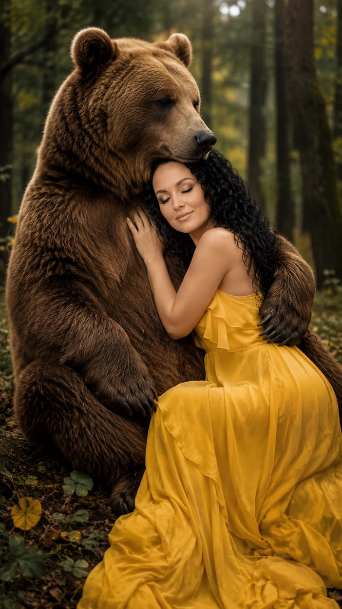 Фотосессия девушки в лесу с жёлтым платьем и медведем