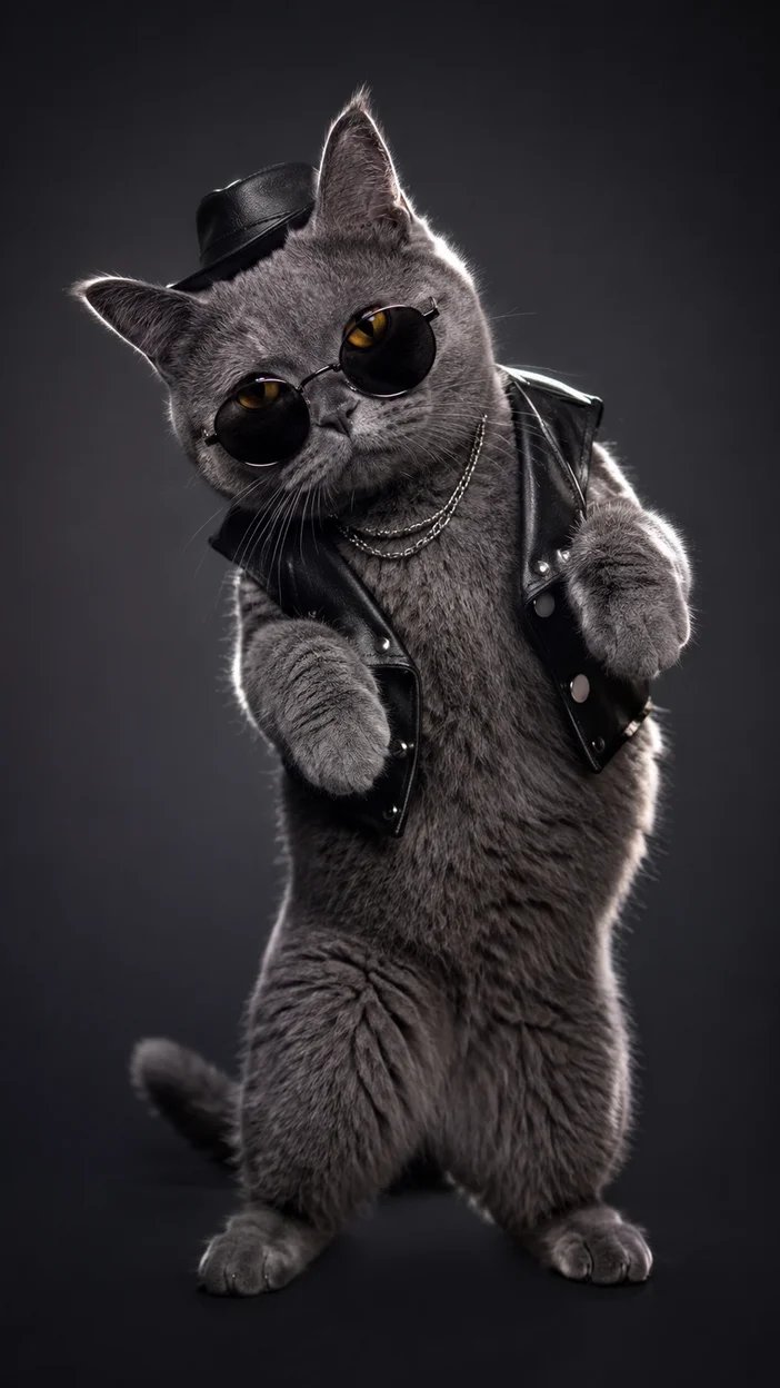 Фотосессия кошки‑рокерши на графитовом фоне
