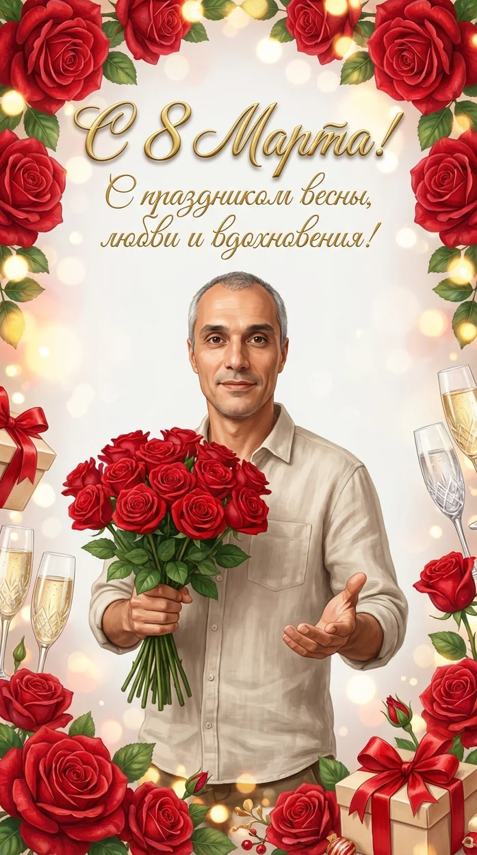 мужчина с букетом крупных красных роз - открытка на 8 марта с вашим фото 