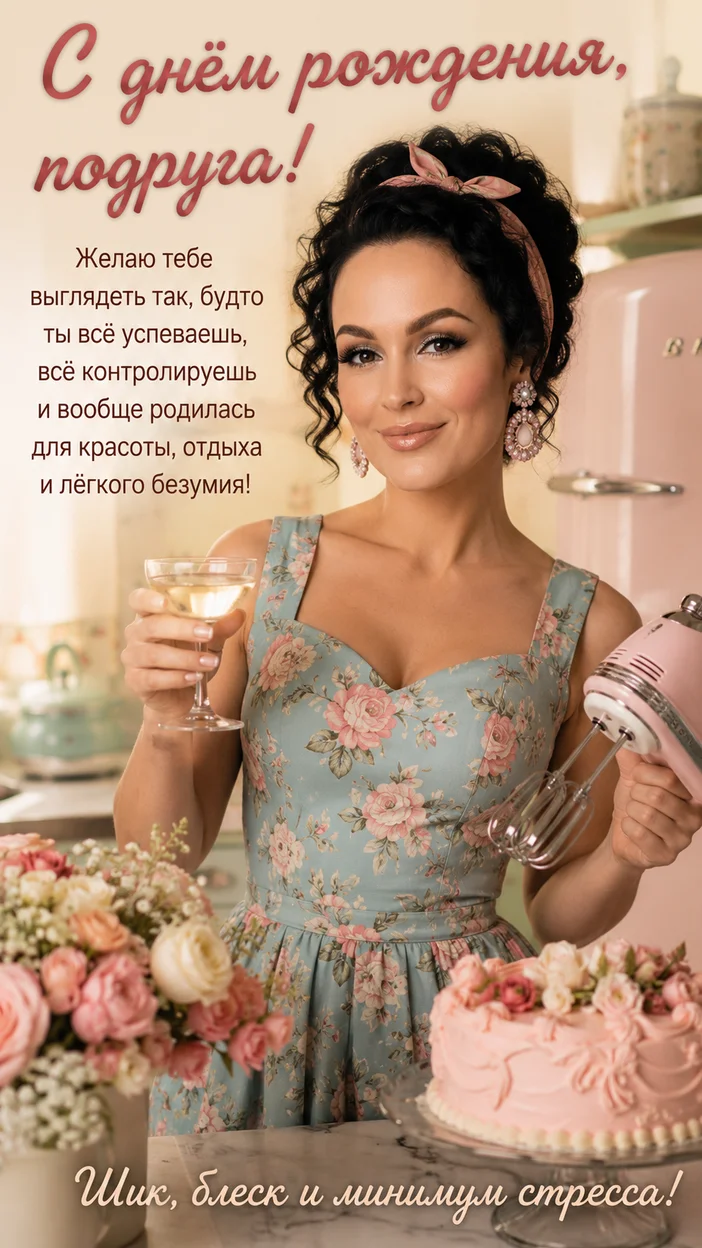 Фотосессия ретро‑домохозяйки на кухне с надписью «С днём рождения, подруга!»