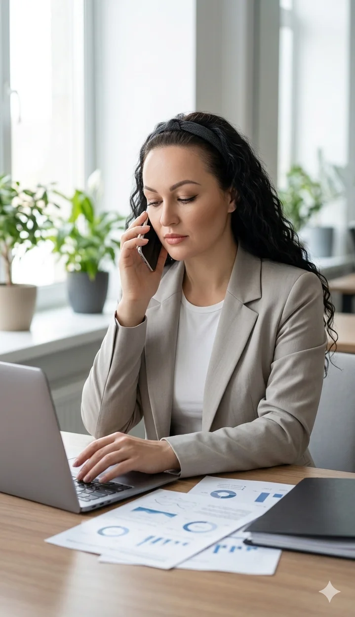 Женщина в светлом жакете за столом с ноутбуком и телефоном в руке