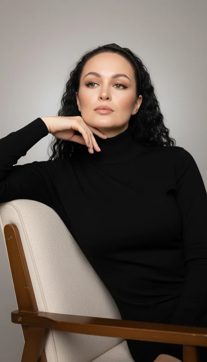 Женщина в студии на кресле в чёрном свитере