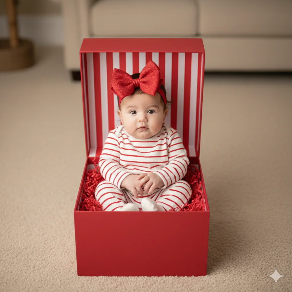 Малыш в полосатом костюмчике сидит в красной подарочной коробке