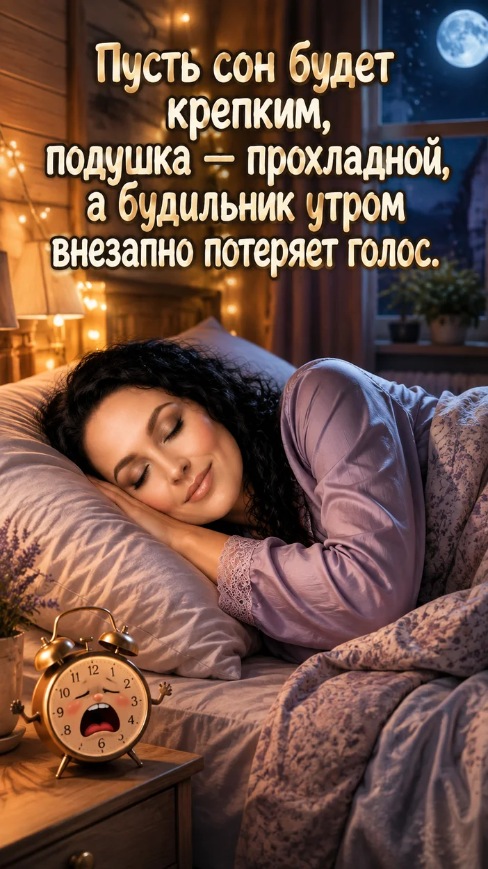 Фотооткрытка для всех с пожеланием "Пусть сон будет крепким, подушка — прохладной, а будильник утром внезапно потеряет голос."