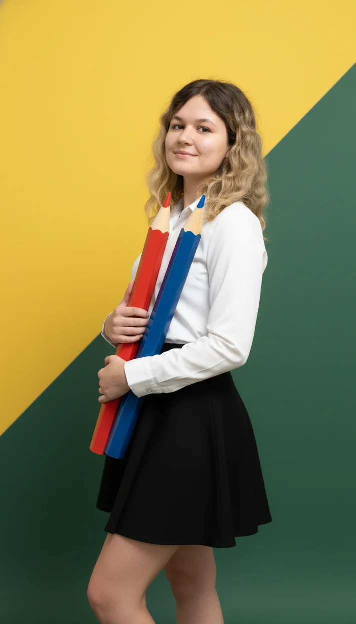  Девочка с двумя большими карандашами на ярком фоне в школьной форме