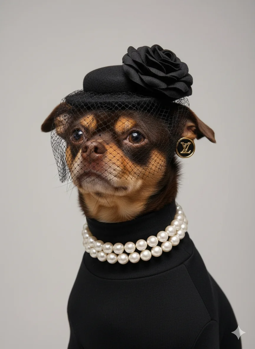 Собака в шляпе с вуалью 